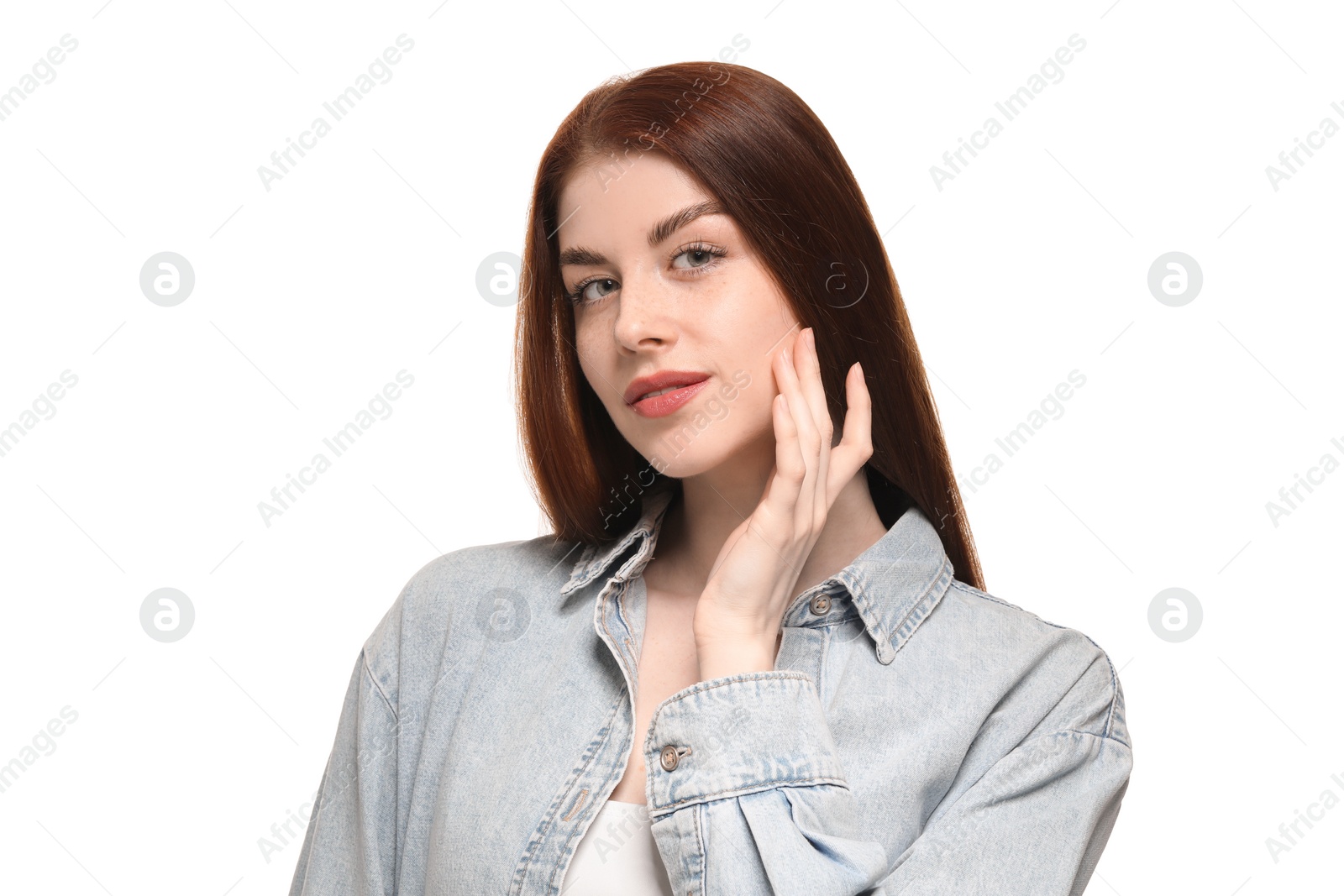 Photo of Portrait of beautiful woman with freckles on white background