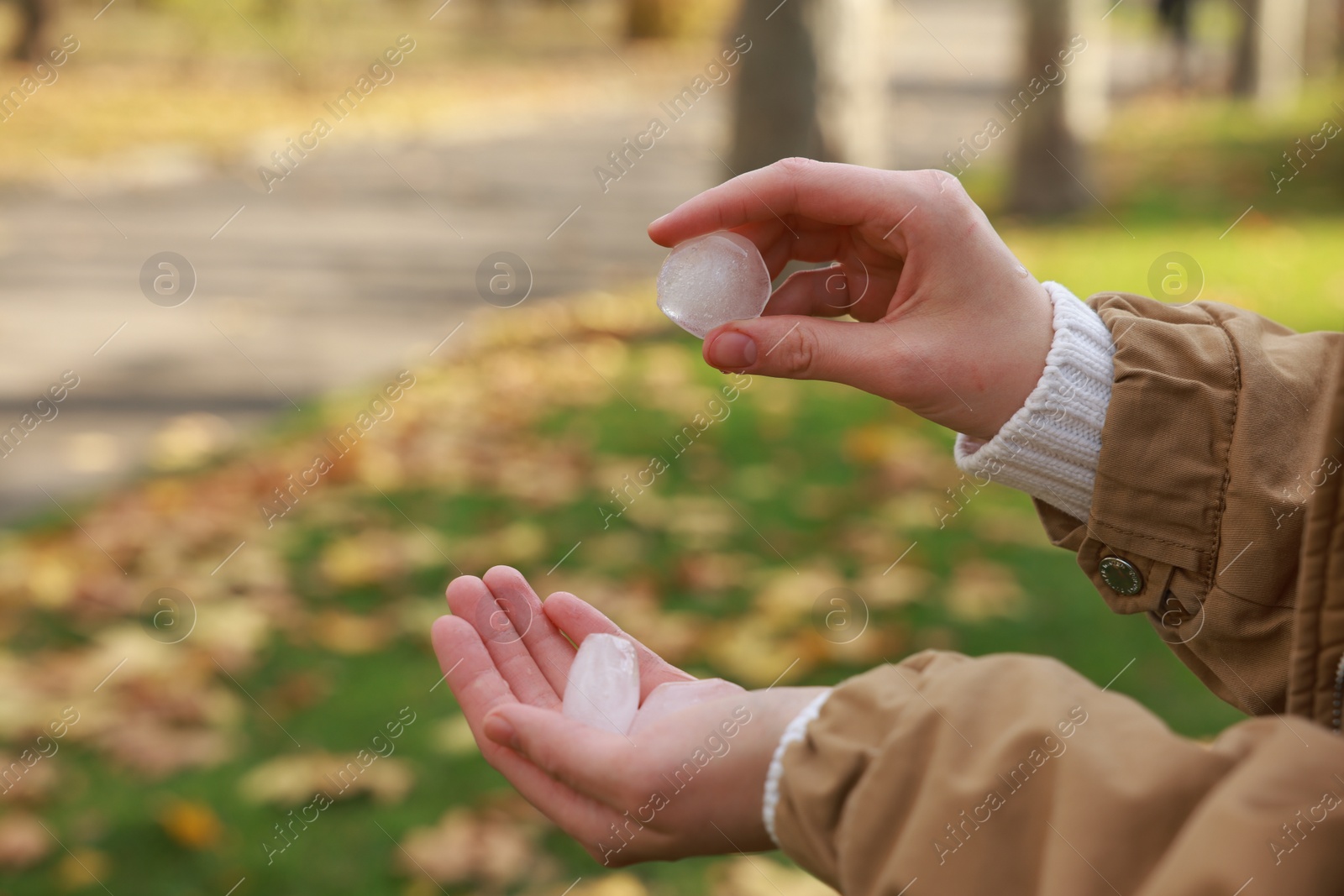 Photo of Woman holding hail grains after thunderstorm outdoors, closeup