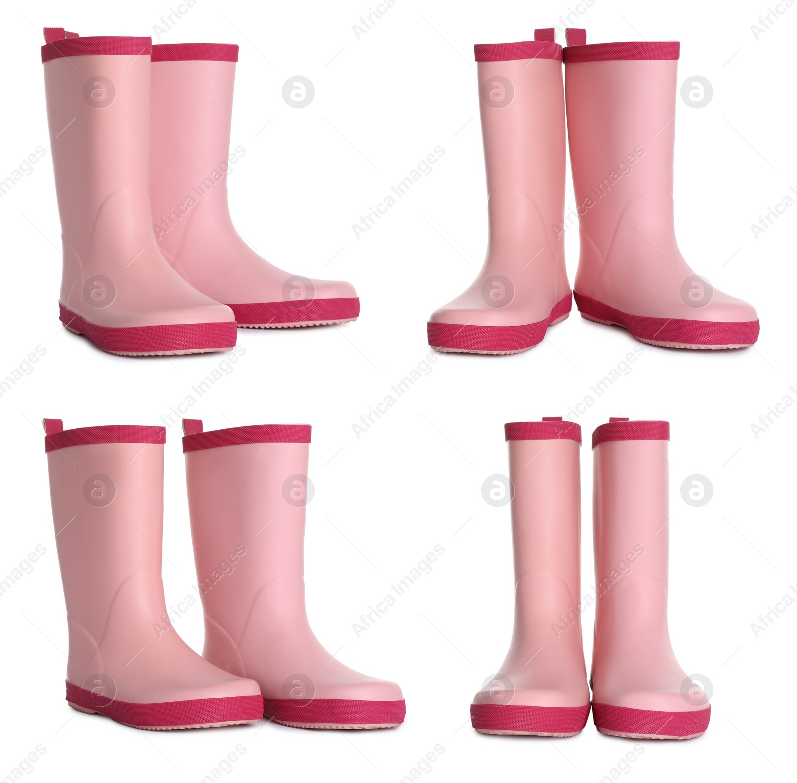 Image of Set with pink rubber boots on white background 