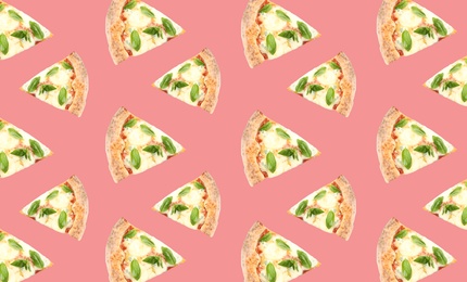 Image of Cheese pizza slices on pale pink background. Pattern design 