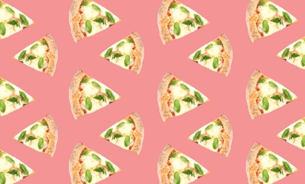 Cheese pizza slices on pale pink background. Pattern design 