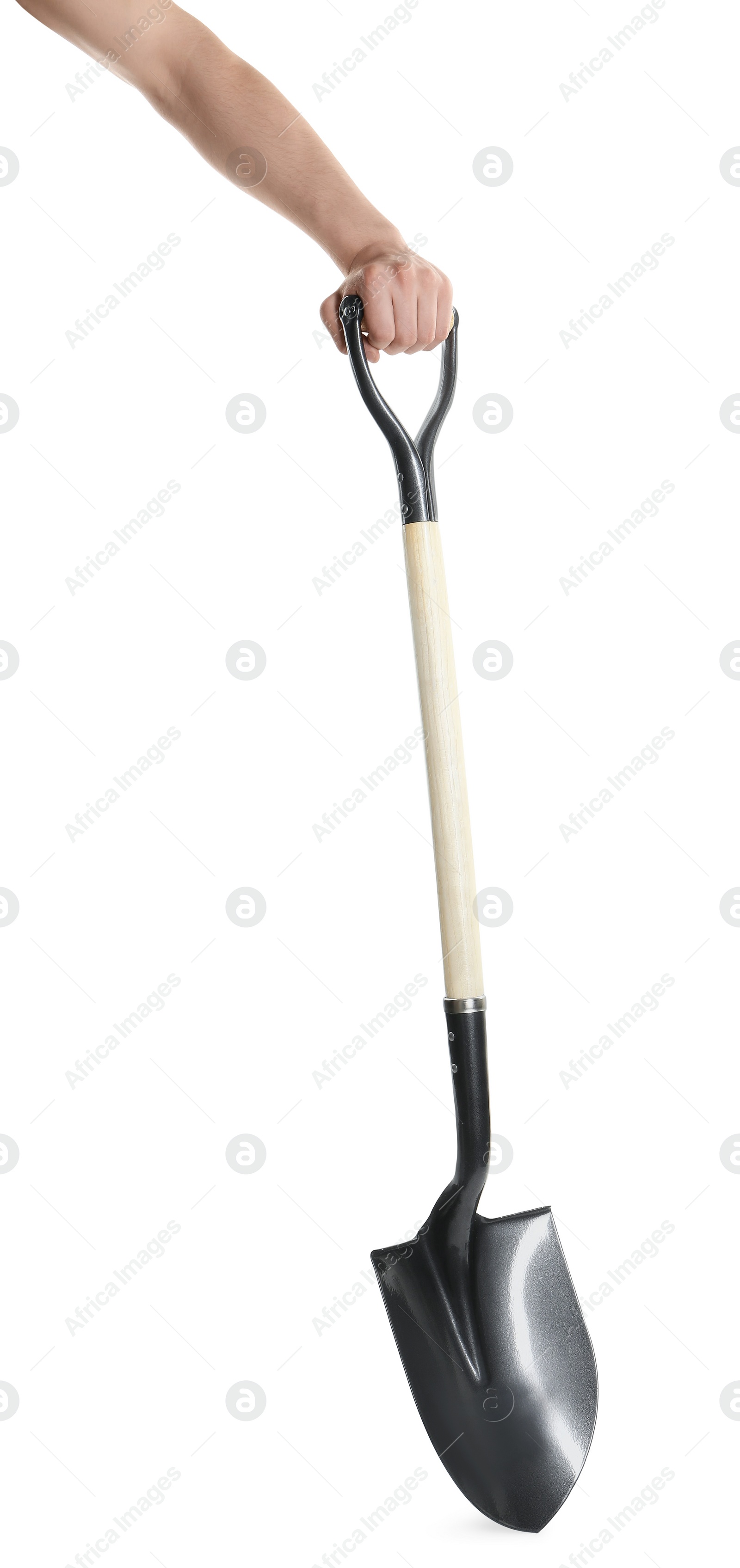 Man holding shovel on white background, closeup Photo of Man holding shovel on white background, closeup