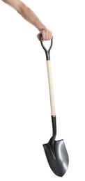 Photo of Man holding shovel on white background, closeup