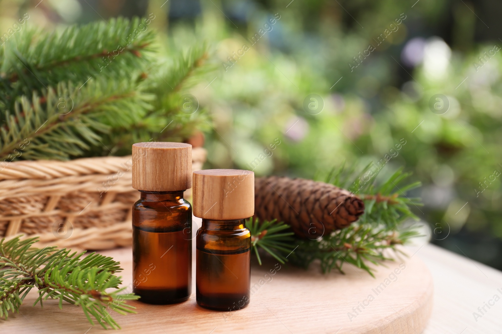 Photo of Bottles of pine essential oil, cone and branches on wooden table, closeup. Space for text