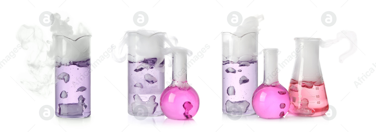 Image of Set of laboratory flasks and beakers with colorful liquids on white background. Chemical reaction