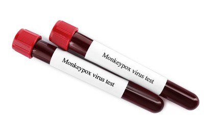Monkeypox virus test. Sample tubes with blood on white background