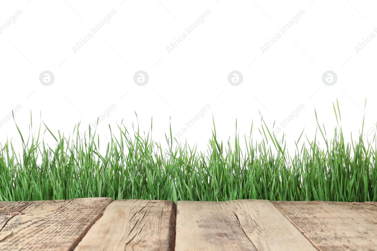 Photo of Wooden deck and green grass isolated on white