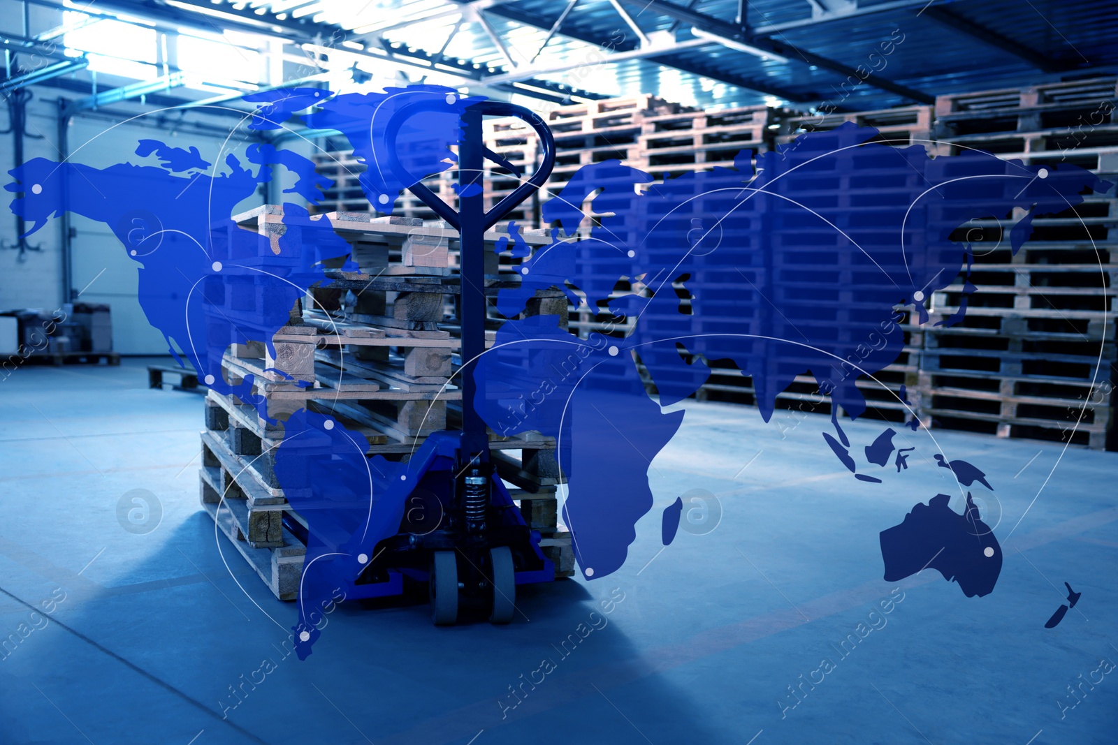 Image of Worldwide logistics. Modern manual forklift with wooden pallets in warehouse and illustration of map
