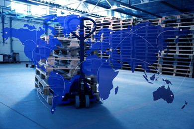 Worldwide logistics. Modern manual forklift with wooden pallets in warehouse and illustration of map