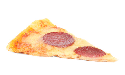 Photo of Slice of tasty pepperoni pizza isolated on white