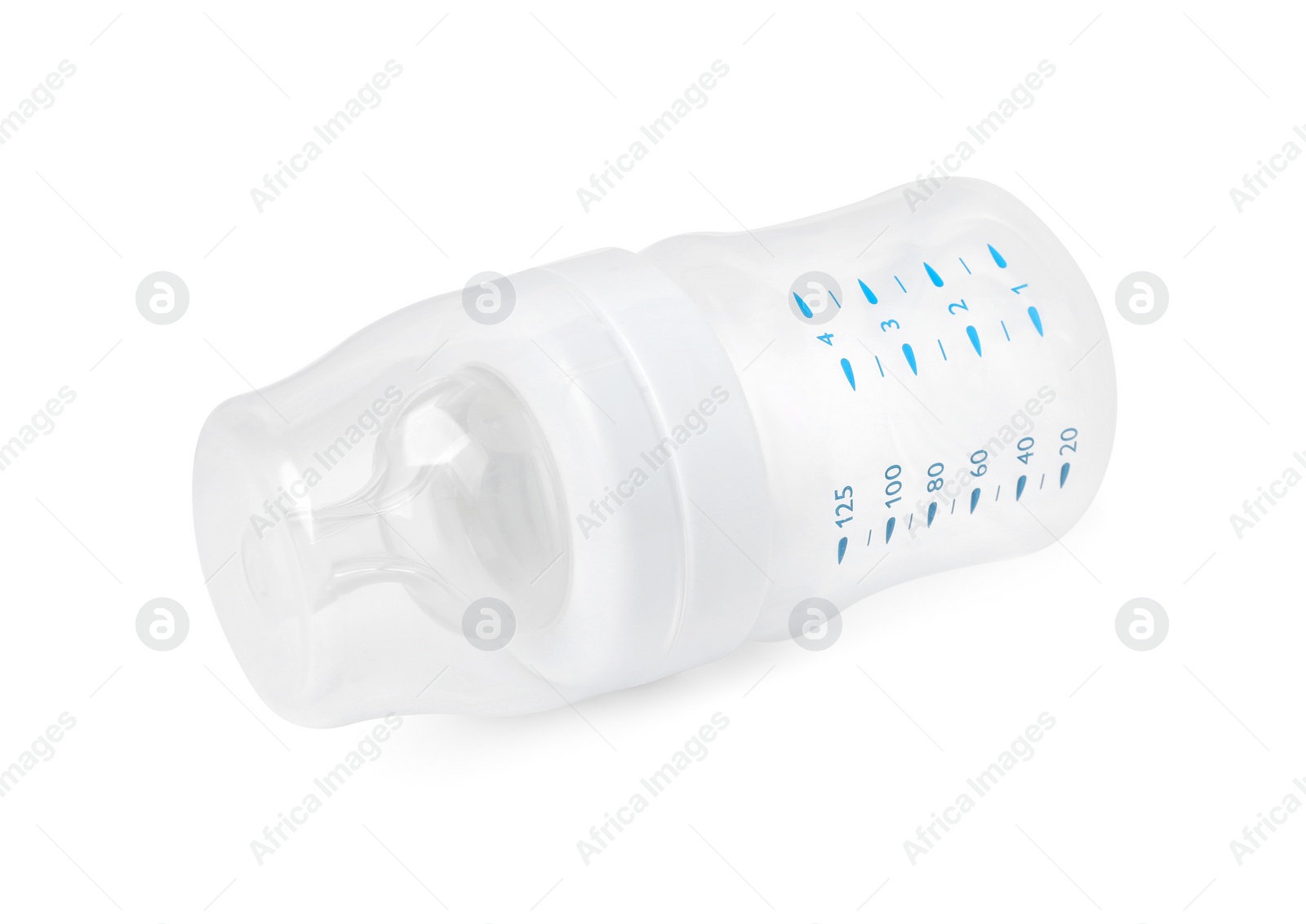 Photo of One empty feeding bottle for baby milk isolated on white