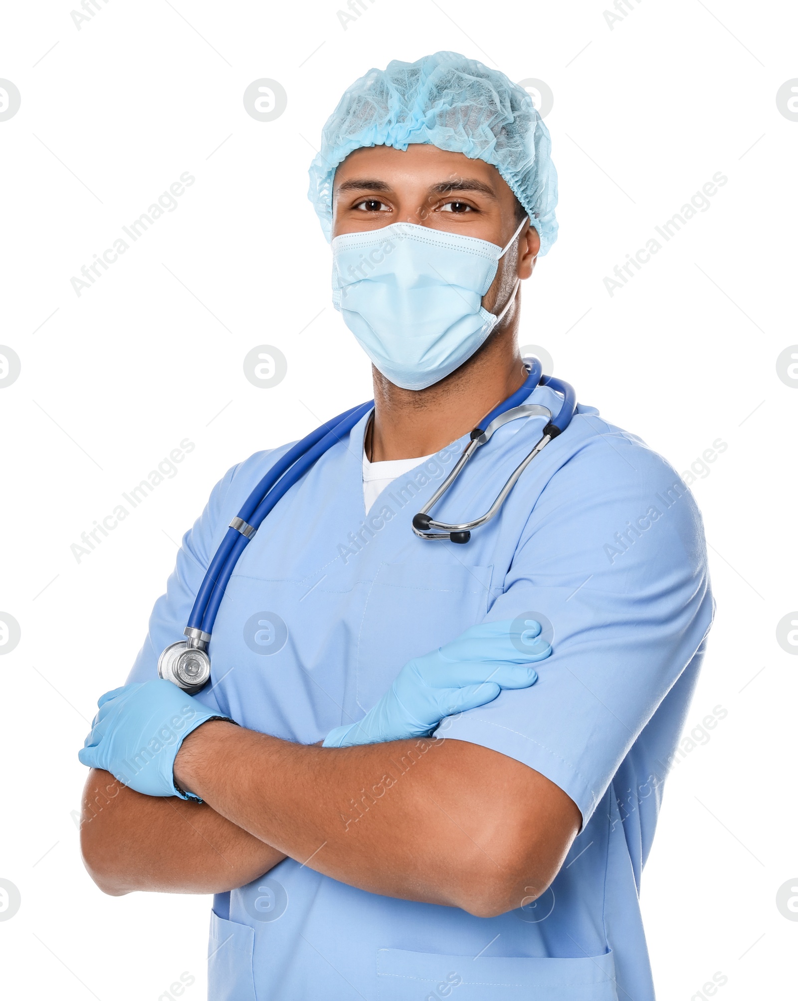 Photo of Doctor or medical assistant (male nurse) with protective mask and stethoscope on white background