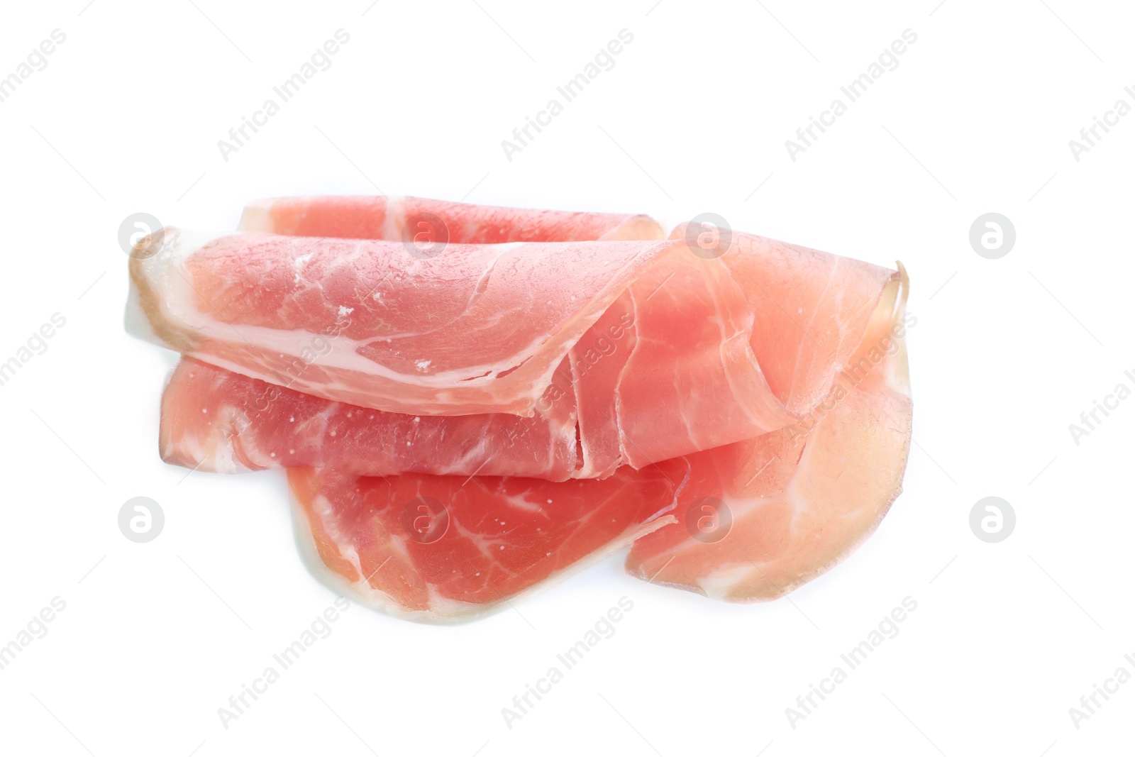 Photo of Tasty prosciutto on white background, top view