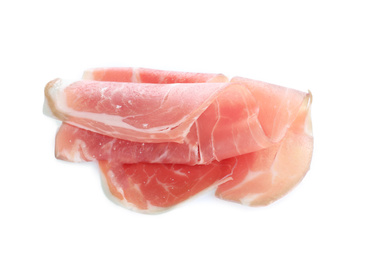 Tasty prosciutto on white background, top view