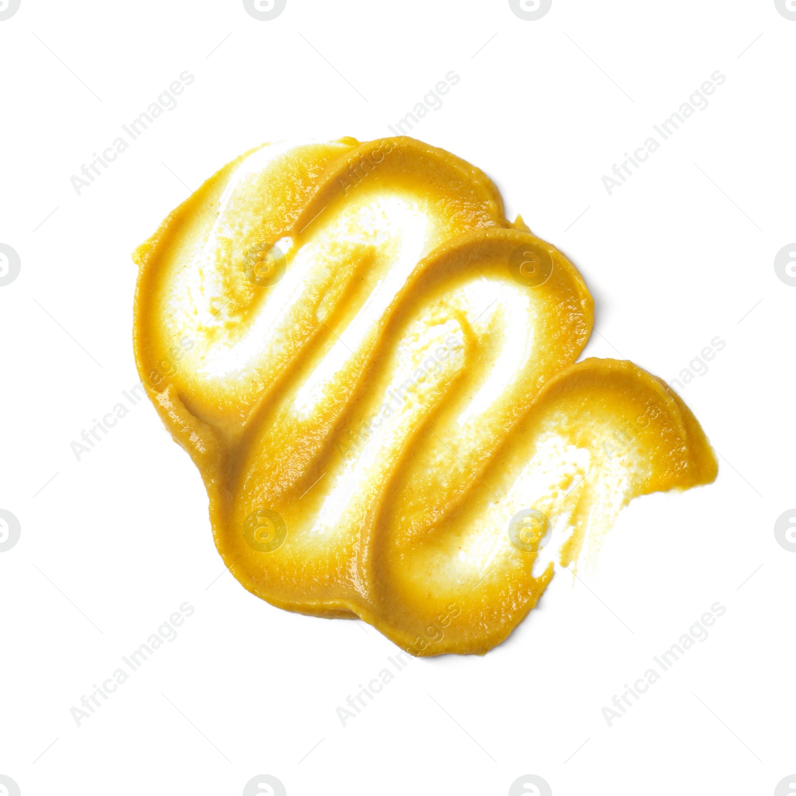 Photo of Fresh tasty mustard sauce isolated on white, top view