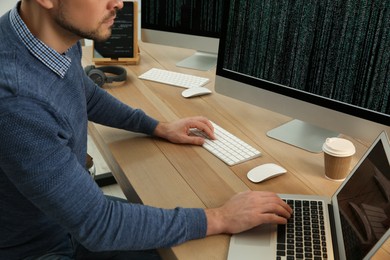 Programmer working at desk in office, closeup