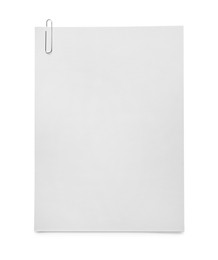 Blank sheets of paper with clip on white background, top view