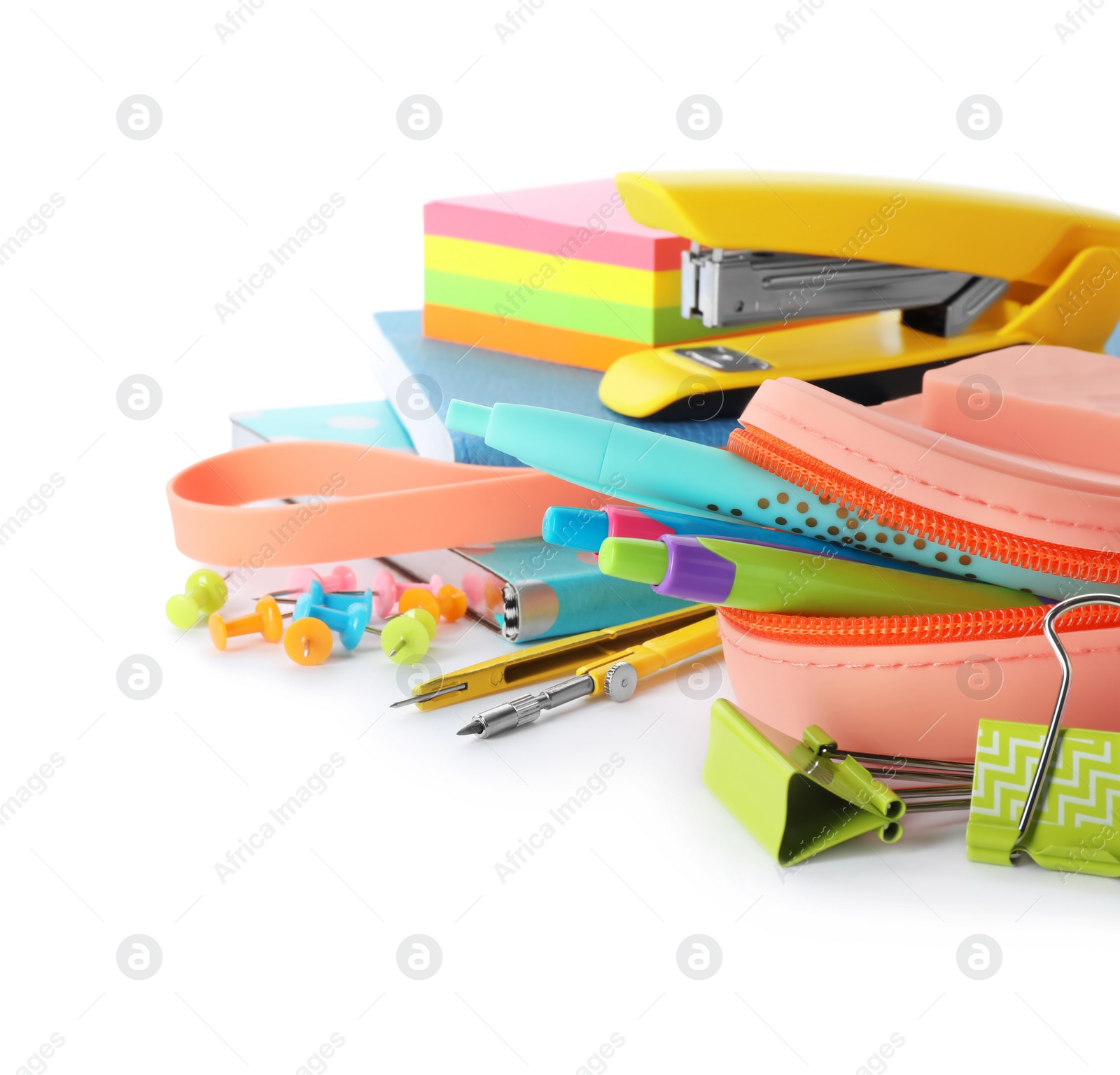 Photo of Different colorful stationery on white background. Back to school