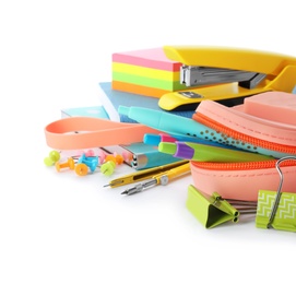 Different colorful stationery on white background. Back to school