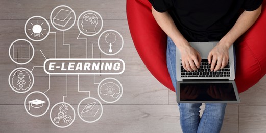 Image of E-learning, banner design. Man working with laptop in beanbag chair, top view. Illustration of scheme with different icons