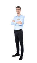 Portrait of male receptionist on white background