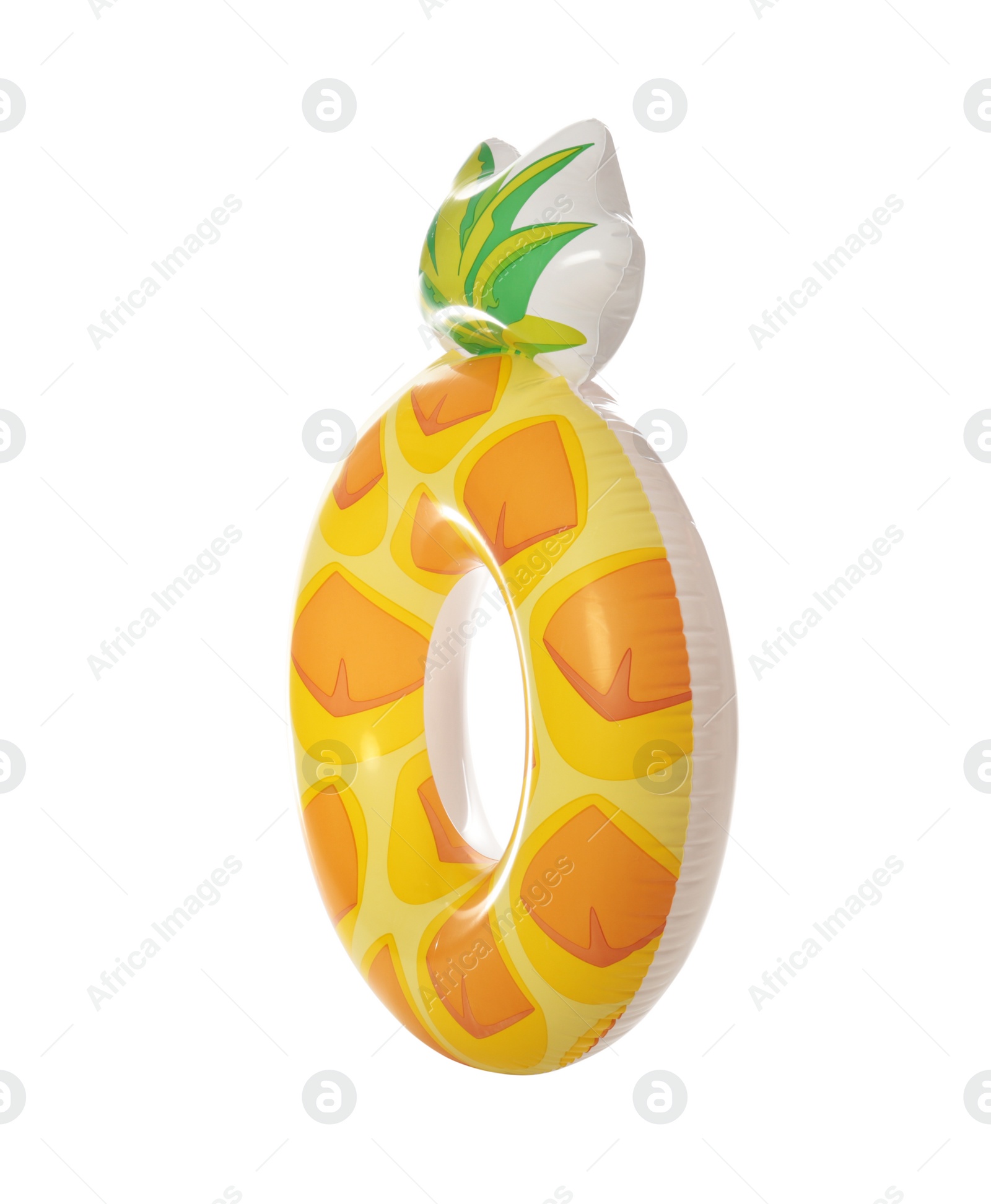 Photo of Bright inflatable ring in shape of pineapple on white background. Summer holidays