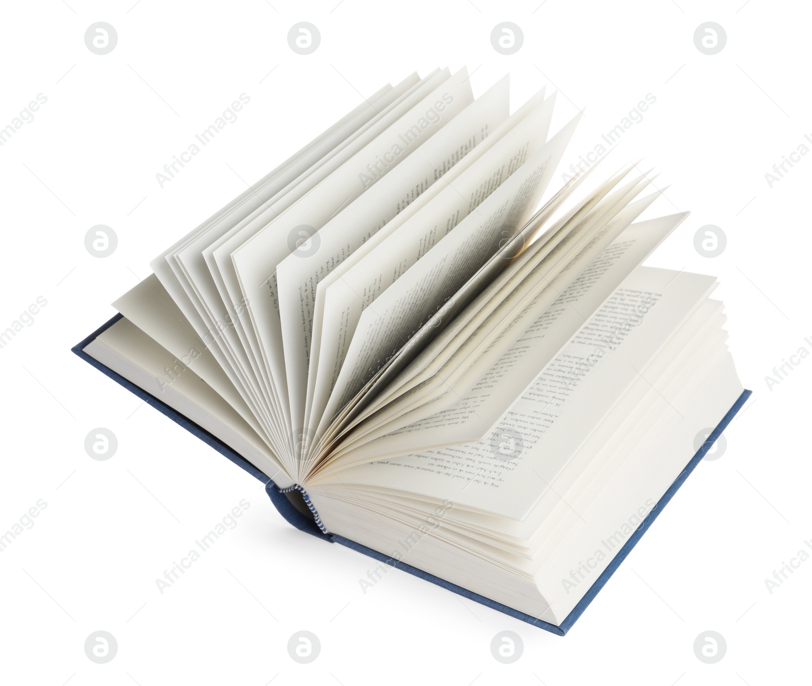 Photo of Open blue hardcover book isolated on white