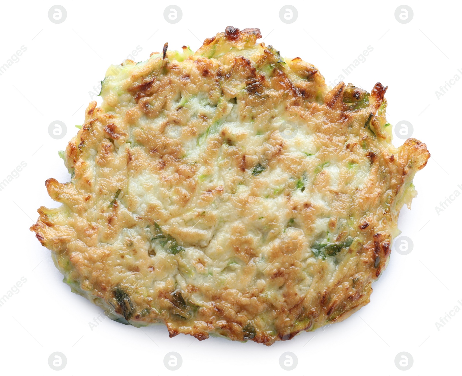 Photo of Delicious fried zucchini fritter isolated on white, top view