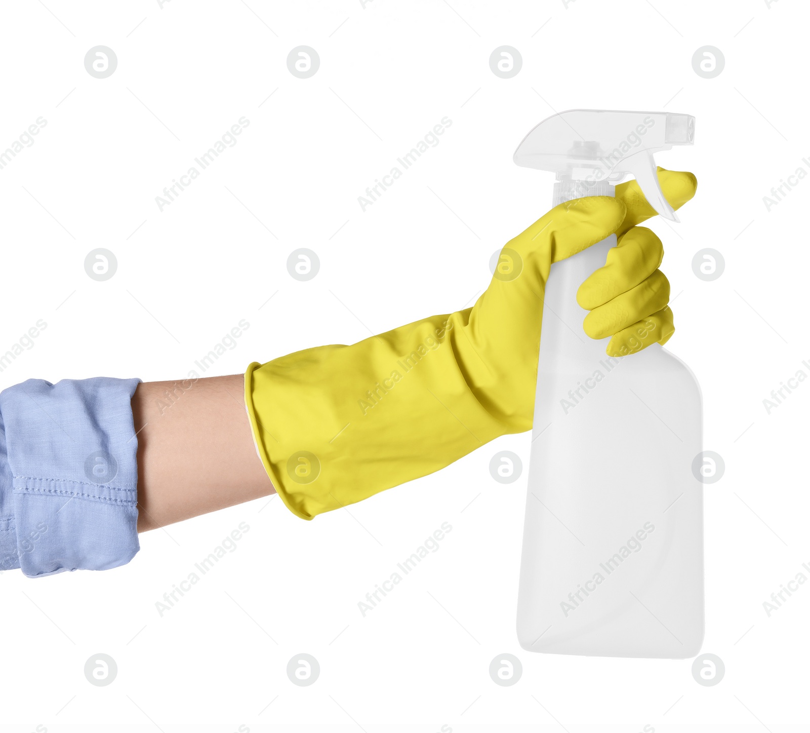 Photo of Woman holding plastic spray bottle with liquid isolated on white, closeup