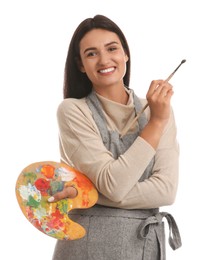 Photo of Young woman with drawing tools on white background