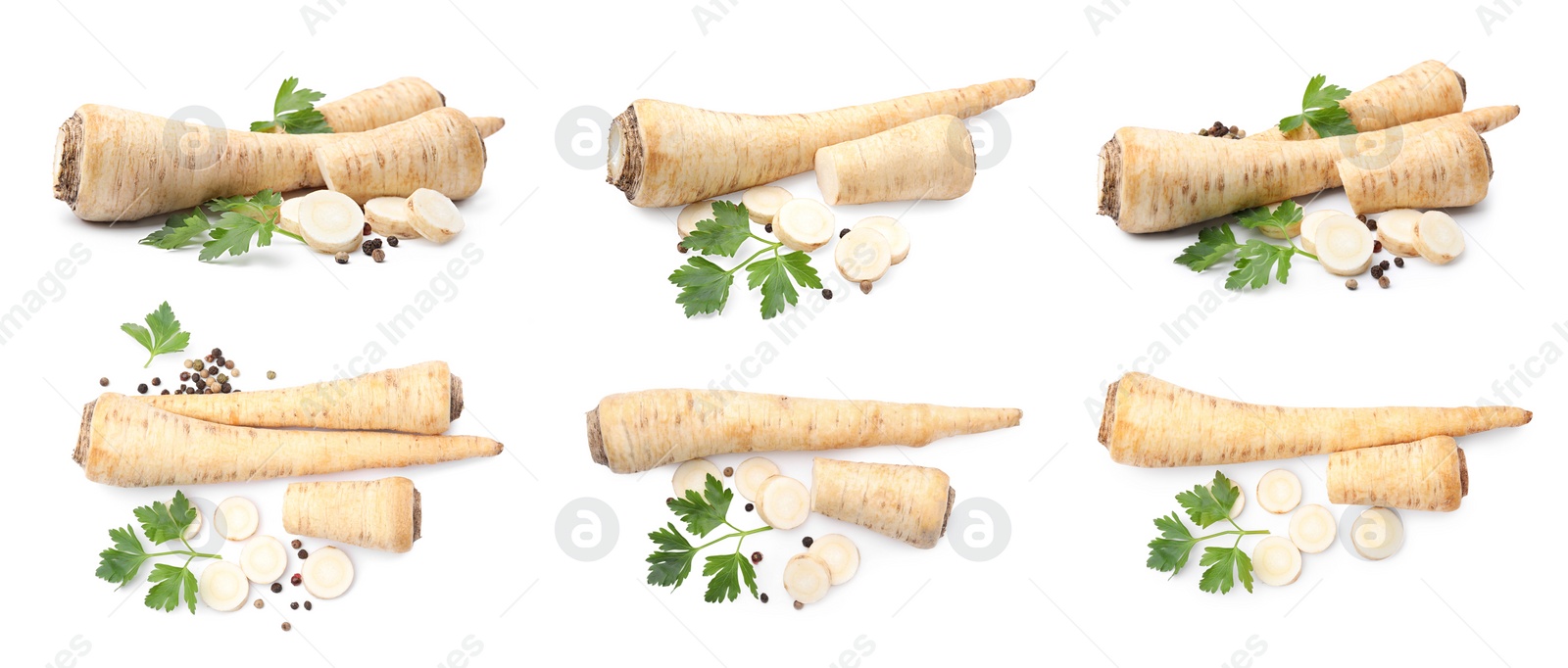 Image of Collage with whole and cut parsley roots on white background