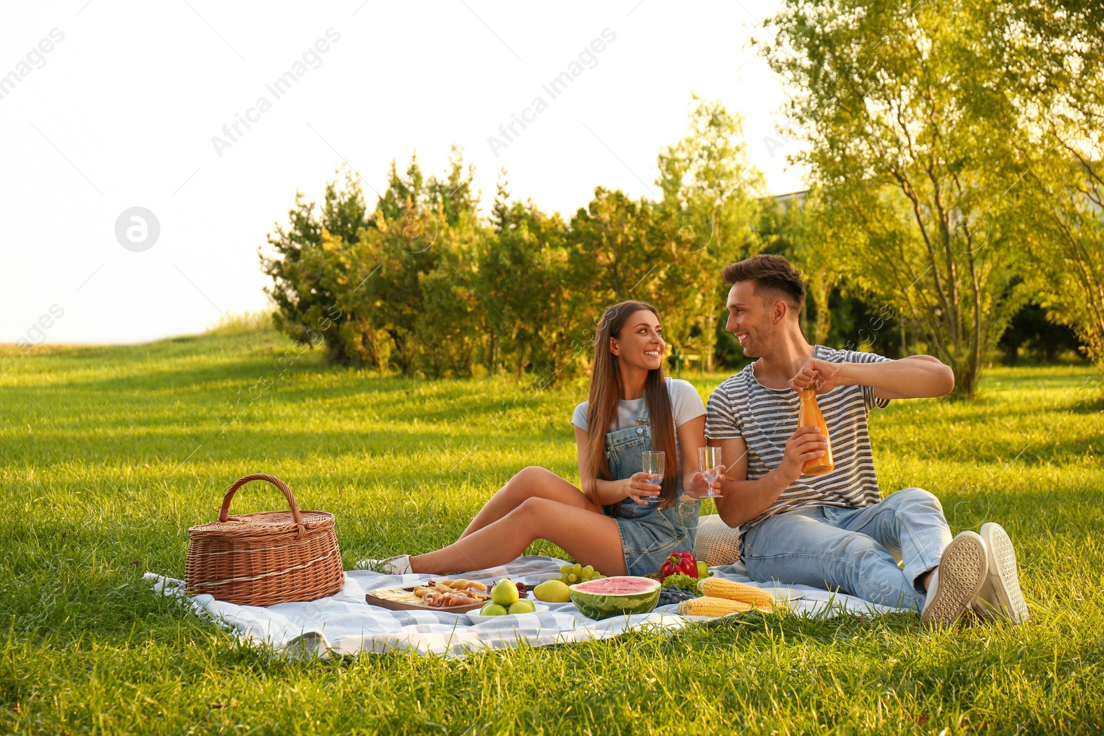 Photo of Happy couple having picnic in park on sunny day