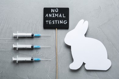 Photo of Signboard with text No Animal Testing between figure of rabbit and syringes on grey stone table, flat lay