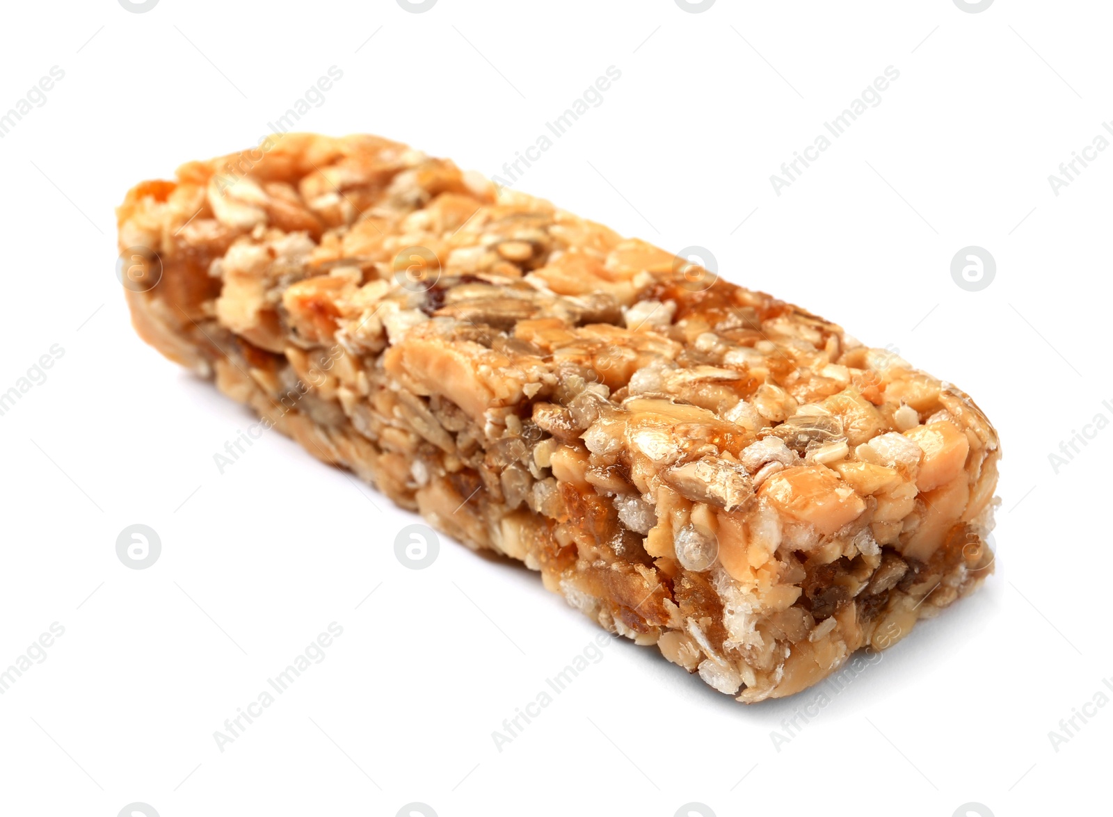 Photo of Grain cereal bar on white background. Healthy snack