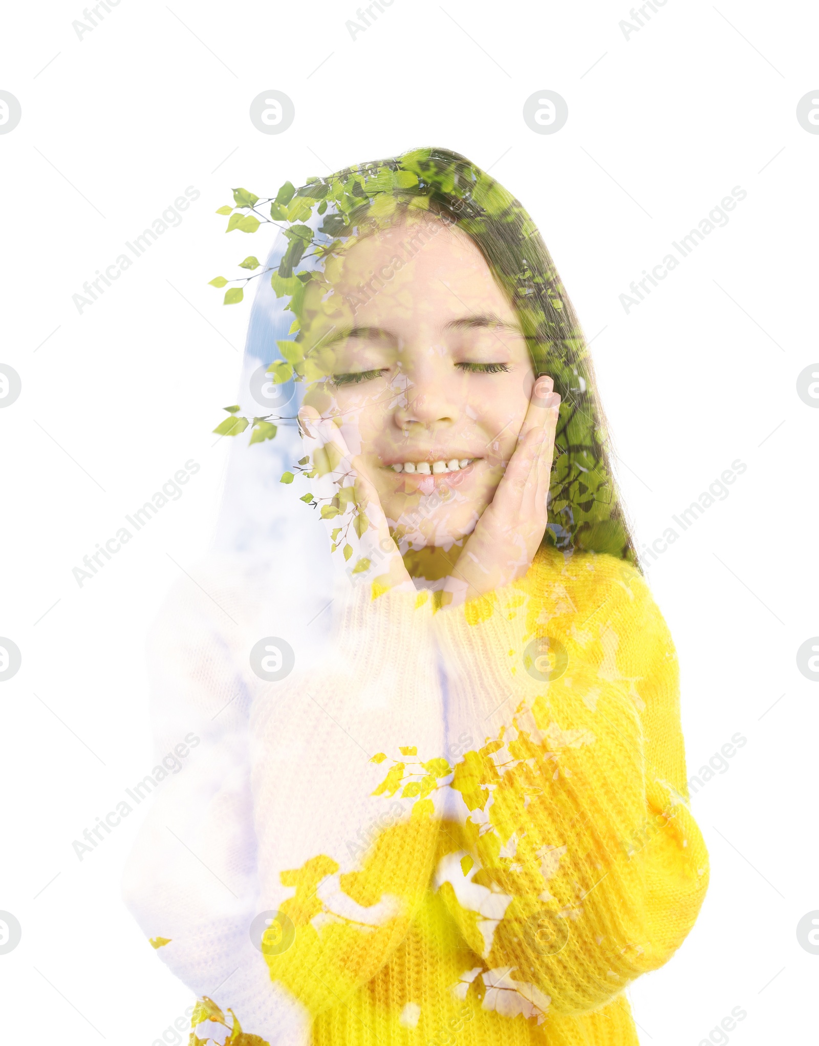 Image of Double exposure of cute little girl and green tree on white background