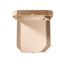 Photo of Open cardboard pizza box on white background, top view. Food delivery