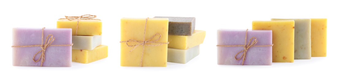 Image of Set with handmade soap bars on white background. Banner design