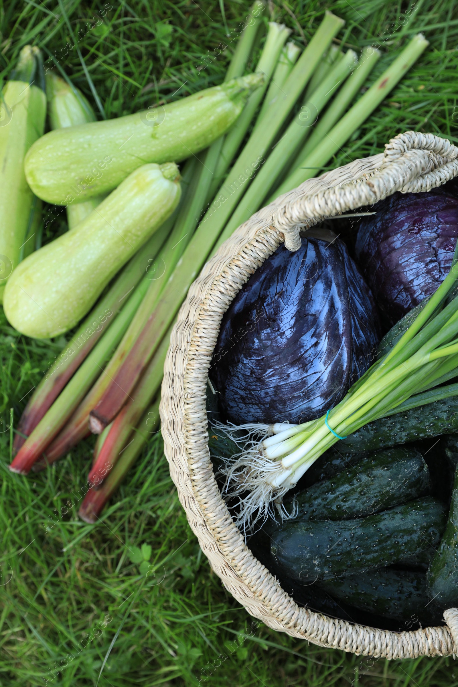 Photo of Tasty vegetables with wicker basket on green grass, top view