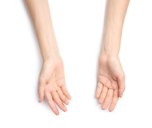 Woman on white background, top view. Closeup of hands