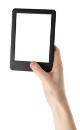 Photo of Woman using e-book reader on white background, closeup