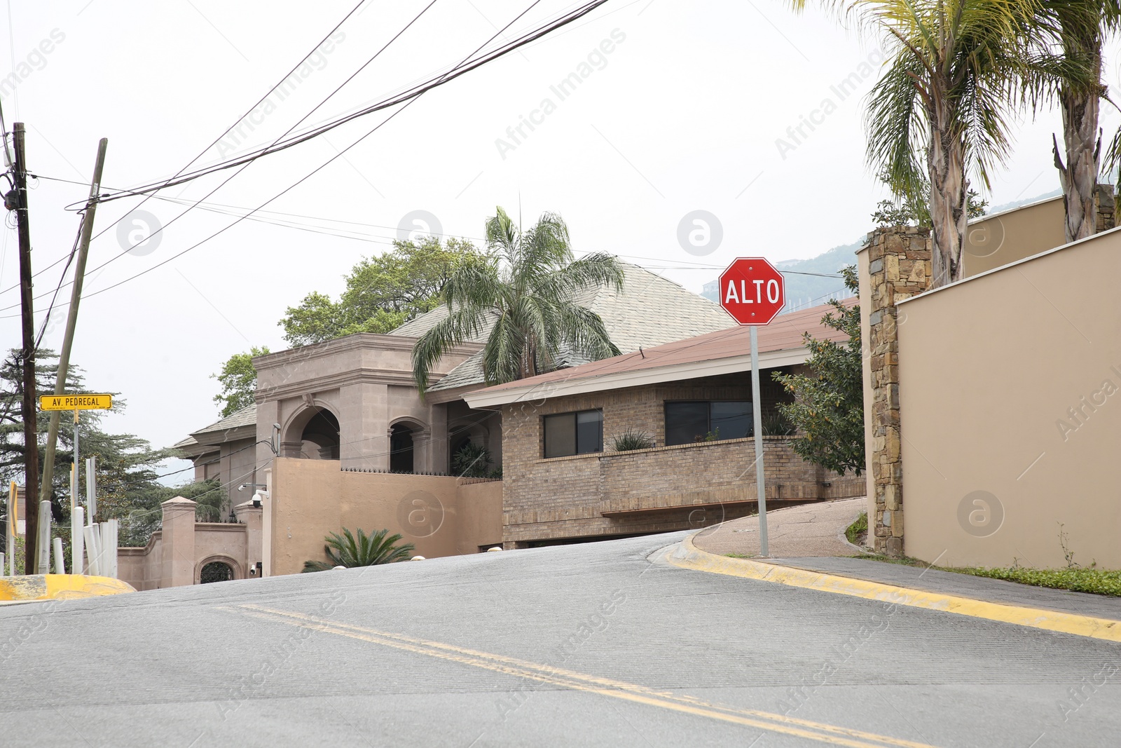 Photo of San Pedro Garza Garcia, Mexico – March 20, 2023: View of city street with road, beautiful houses and green palms