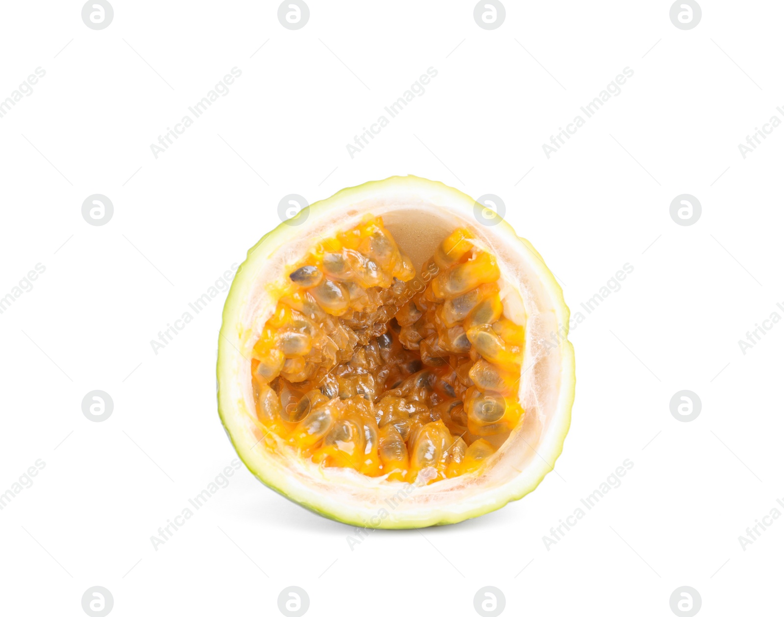 Photo of Half of delicious yellow passion fruit isolated on white