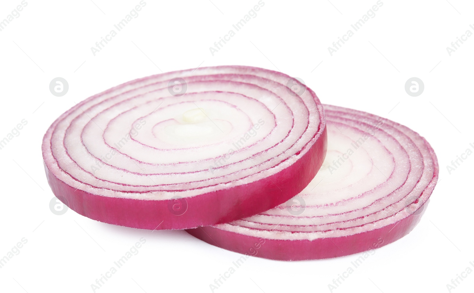 Photo of Fresh slices of red onion on white background