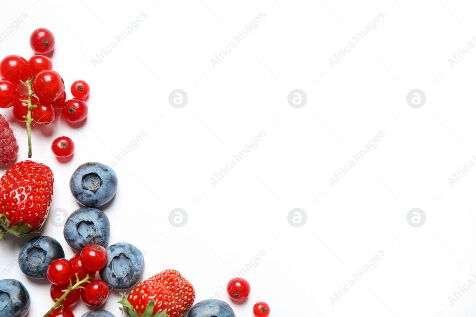 Photo of Mix of fresh berries on white background, flat lay