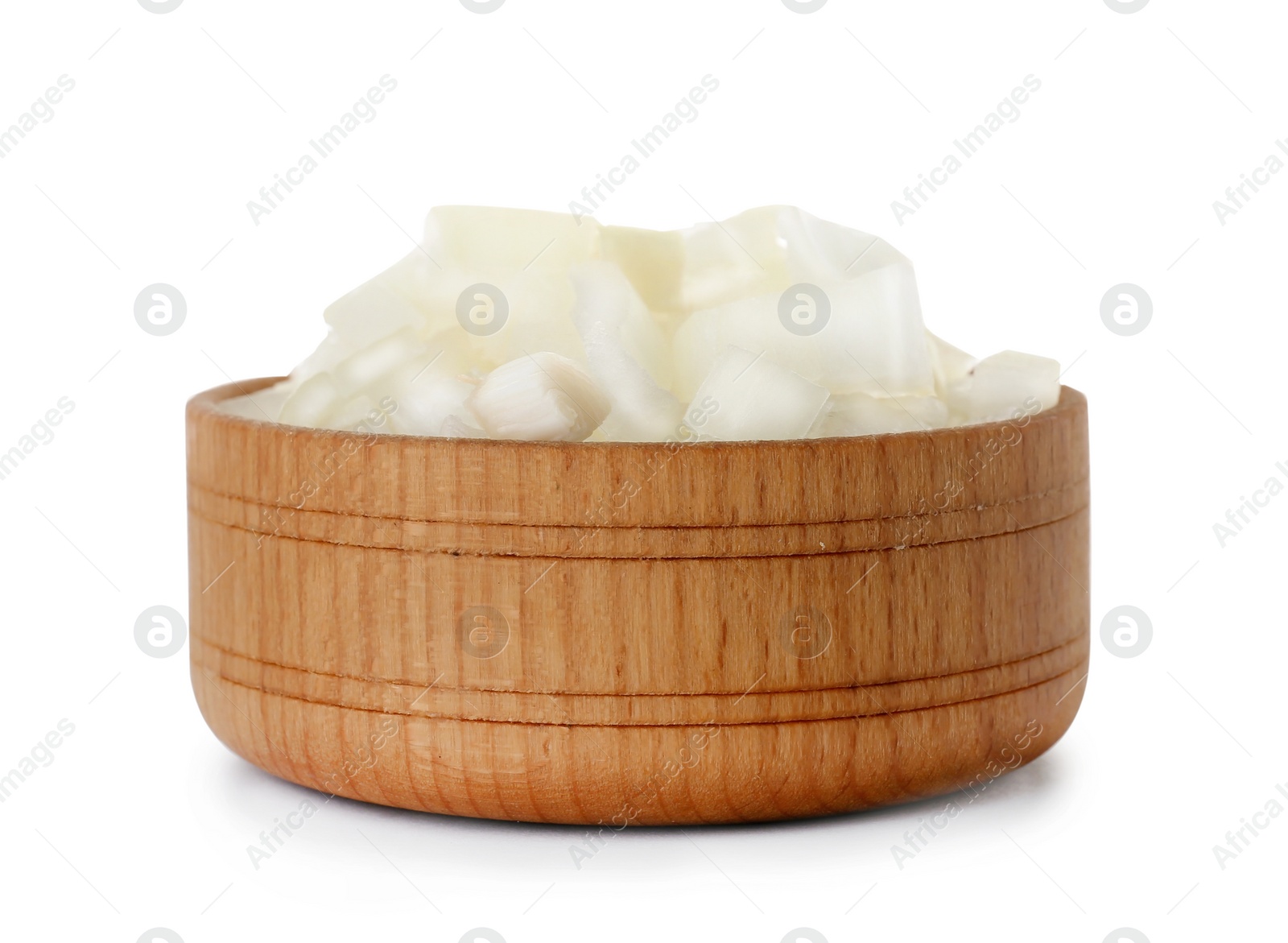 Photo of Bowl with fresh chopped onion on white background