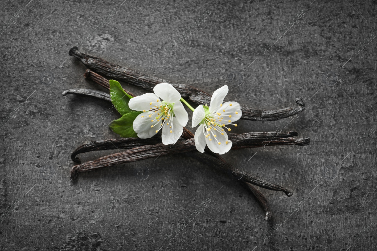 Photo of Vanilla sticks and flowers on grey background