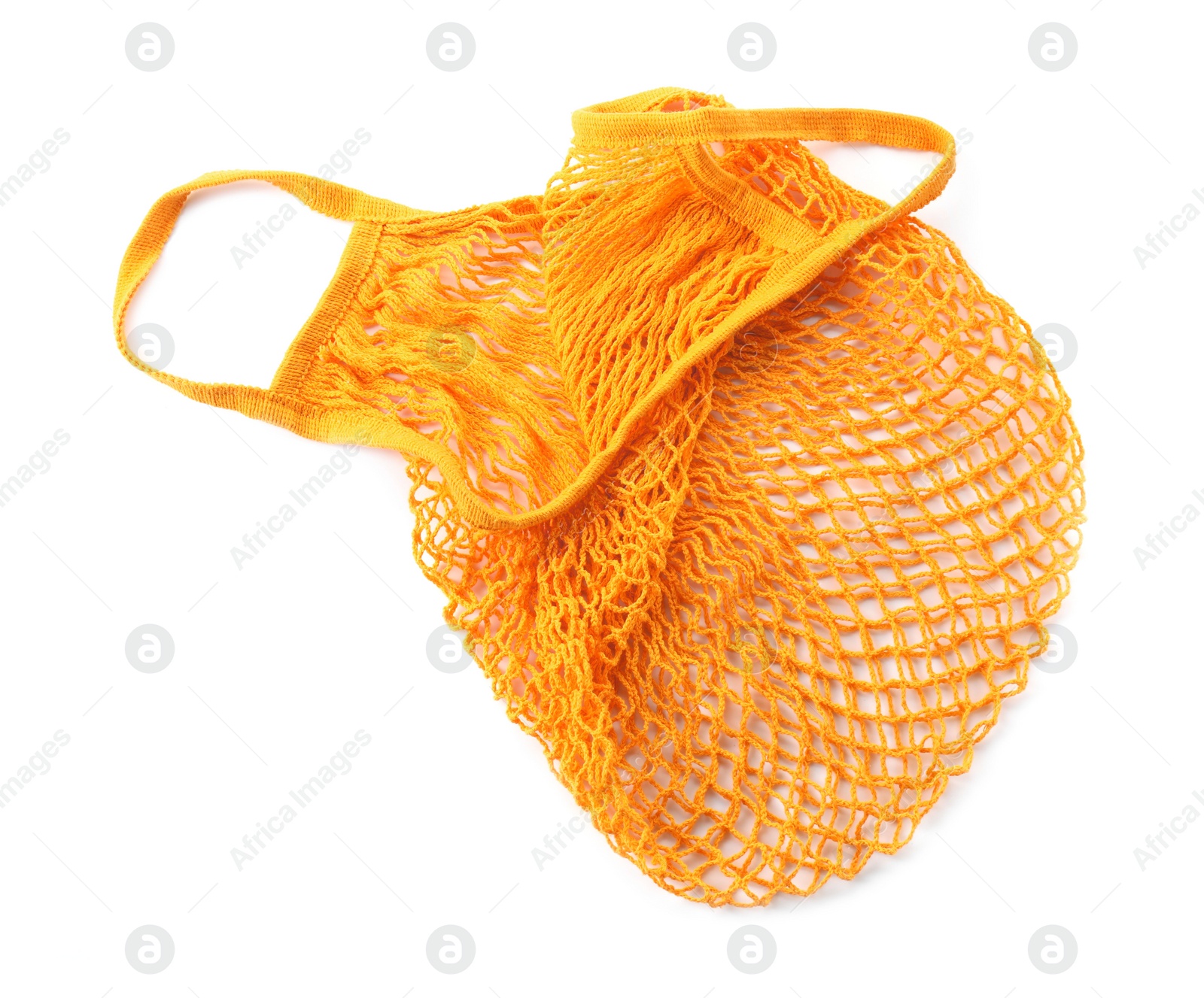 Photo of Orange empty string bag isolated on white, top view