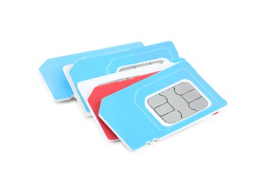 Different modern SIM cards on white background