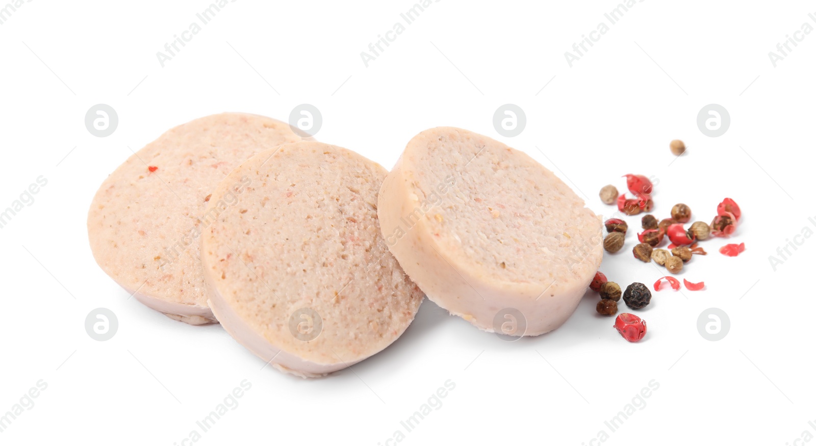 Photo of Slices of delicious liver sausage and peppercorns on white background