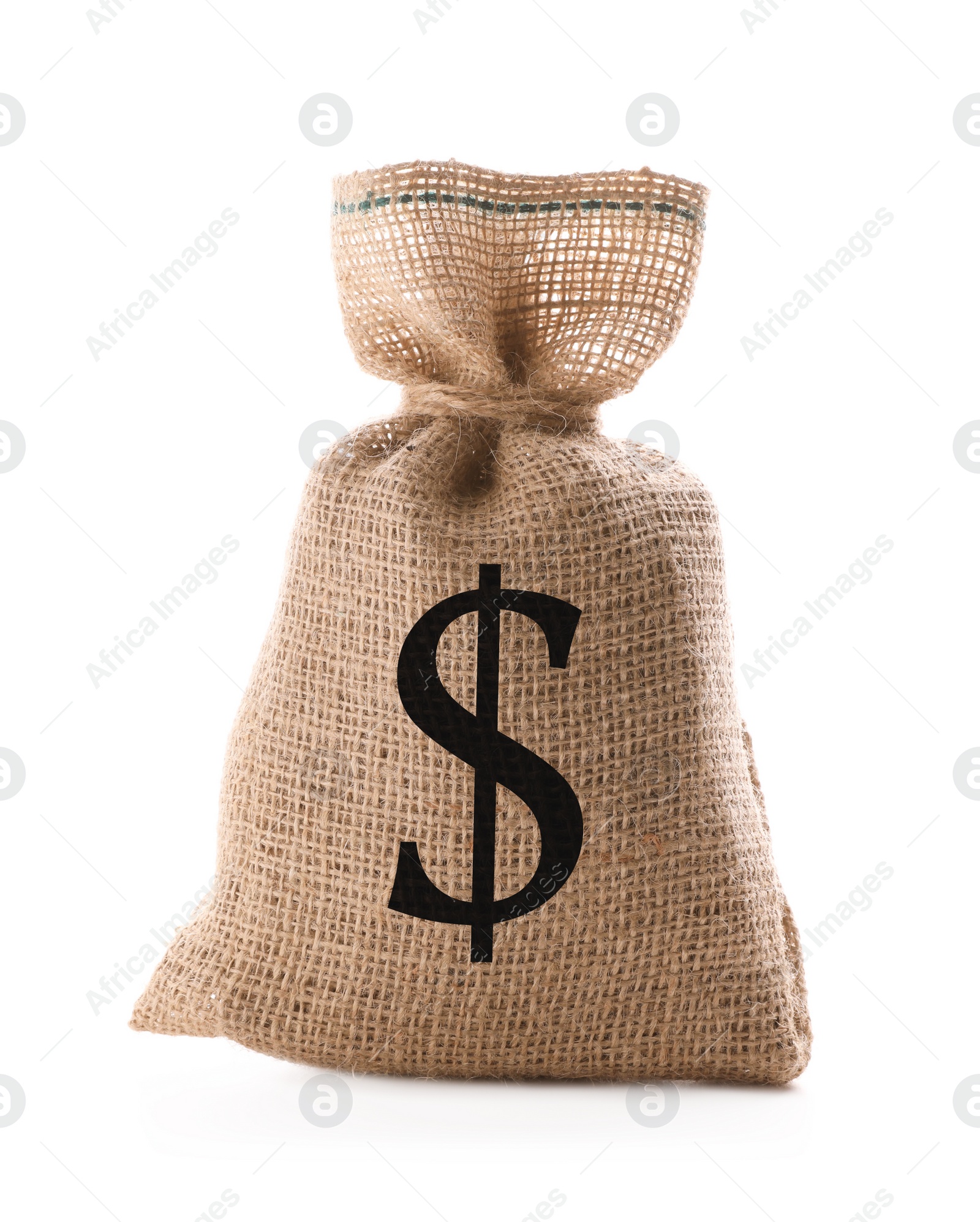 Image of Burlap bag with dollar sign on white background